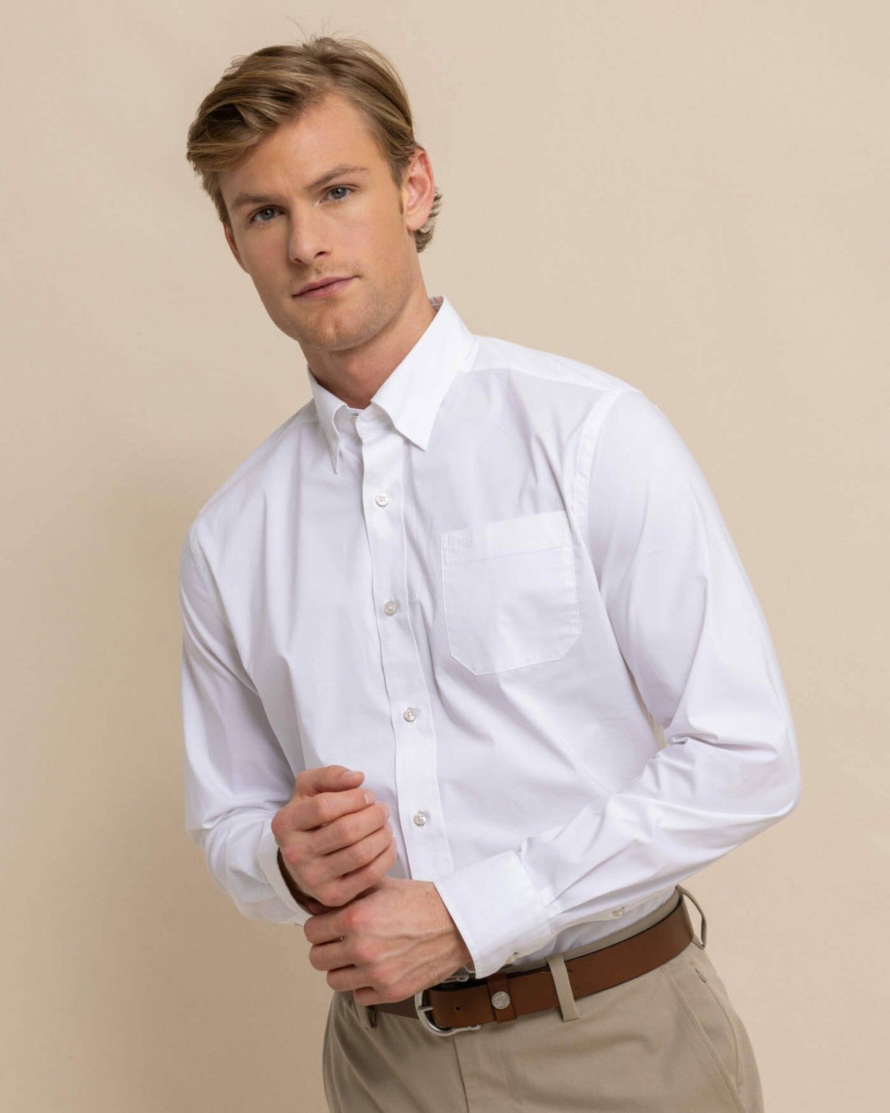 Charleston Overbrook Solid White Sport Shirt Southern Tide Discounted