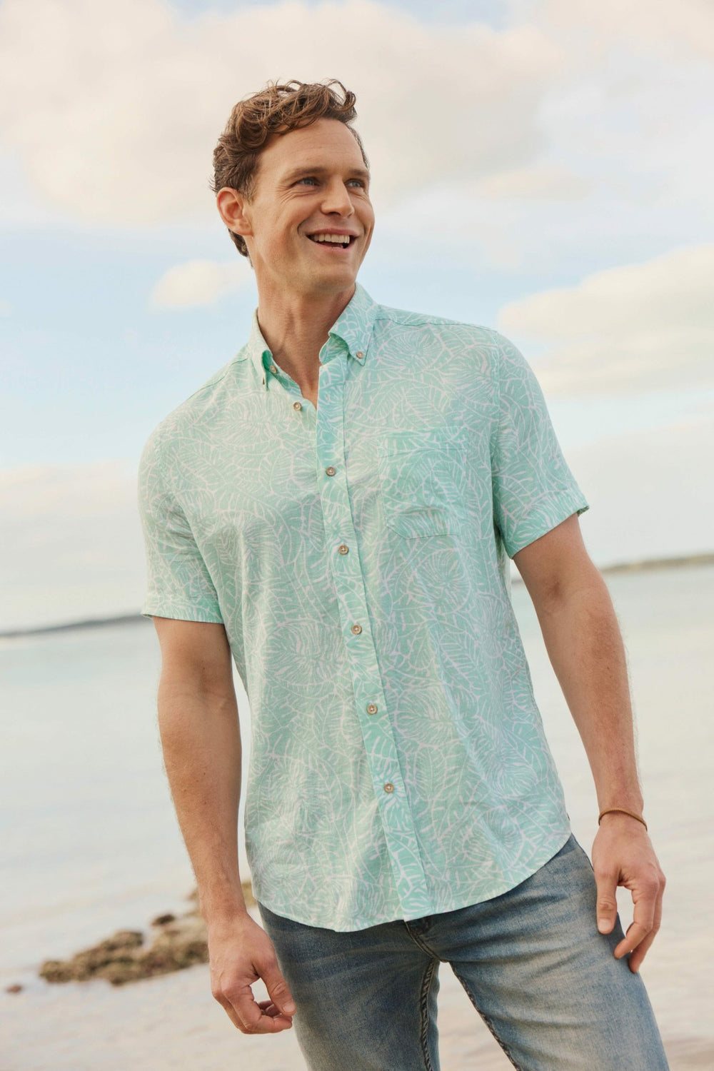 Beach Palms Linen Rayon Short Sleeve Sport Shirt Southern Tide On Sale