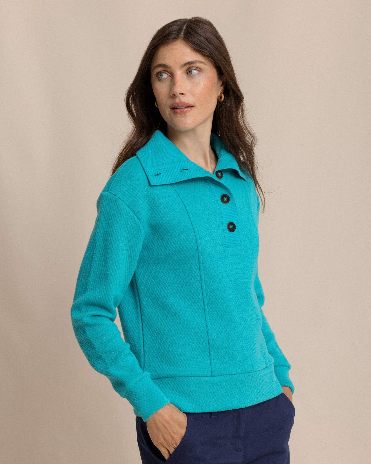 Tonya Button Mock Pullover - Teal Southern Tide Bargain